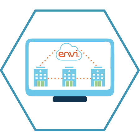 Icon of medical buildings connected by the Envi application cloud